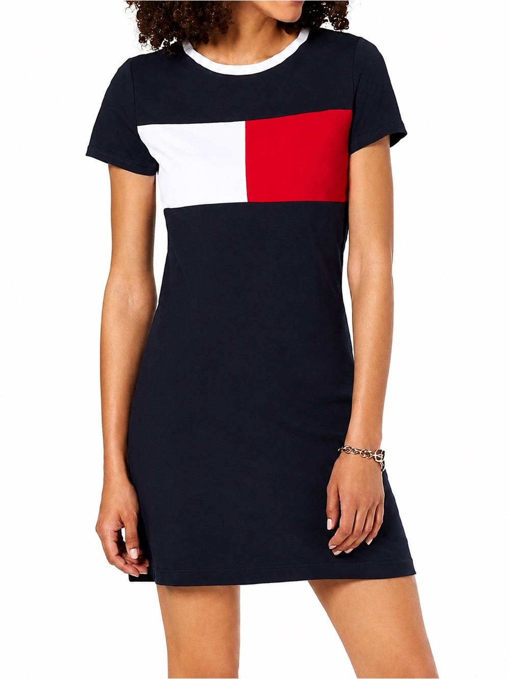 TOMMY HILFIGER Colorblock Logo T-Shirt Mini Dress | Navy Red White